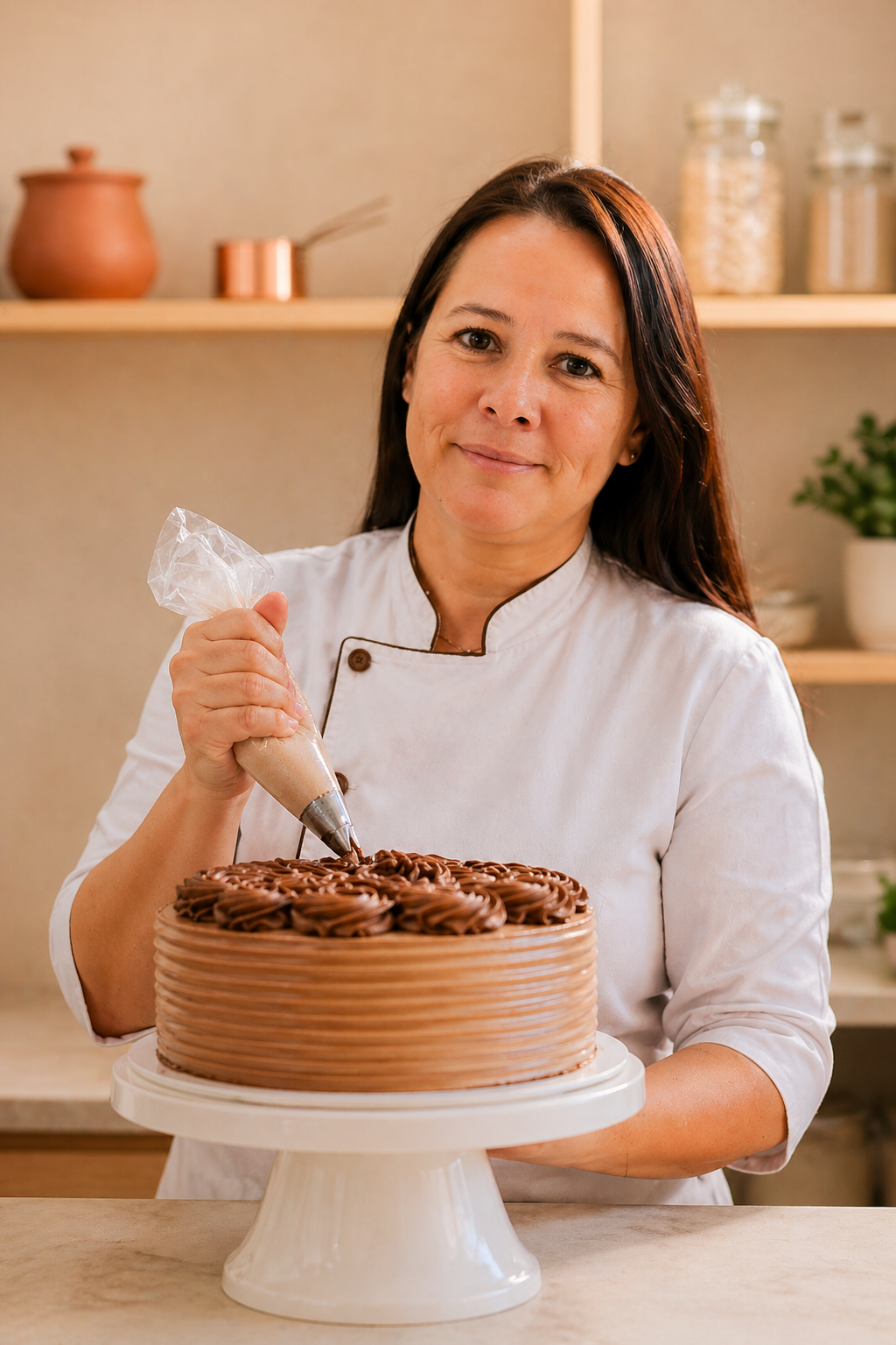 Confeiteira da Ravihe decorando um bolo de chocolate artesanal